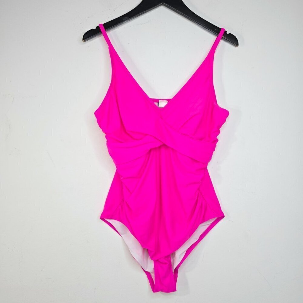 Women's Neon Pink Faux Wrap One Piece Swim Suit